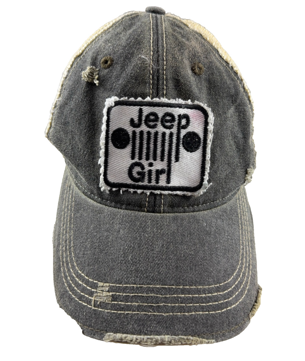 Jeep Girl Distressed Trucker Hat Gray Tan Mesh Snapback Adjustable Women